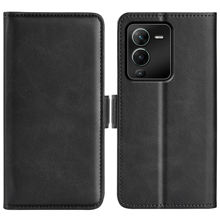 Para Vivo S15 Pro 5G / V25 Pro 5G PU Texturizado PU Couather + TPU Caixa de Telefone Duplo Fecho Magnético Tampa Anti-gelo Com Carteira de Suporte - Preto