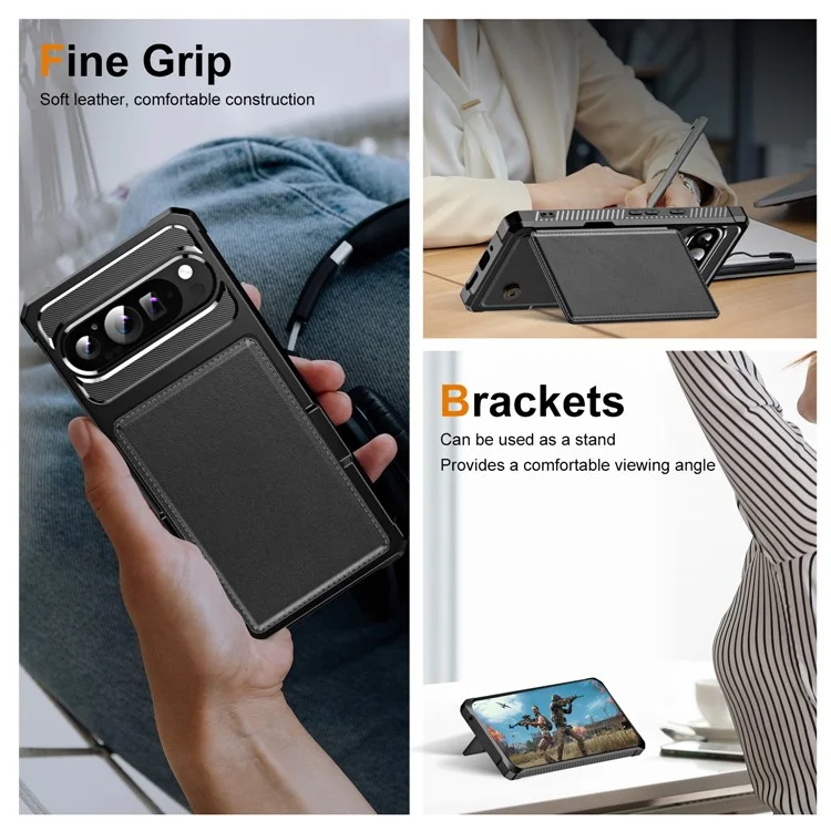 Per Google Pixel 9 Pro XL Cover Case Slot Kickstand in Pelle+Custodia Telefono ad Angolo Rinforzato Tpu - Nero