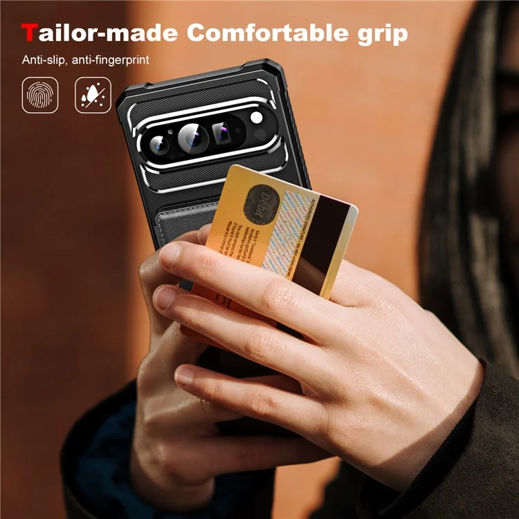 Per Google Pixel 9 Pro XL Cover Case Slot Kickstand in Pelle+Custodia Telefono ad Angolo Rinforzato Tpu - Nero
