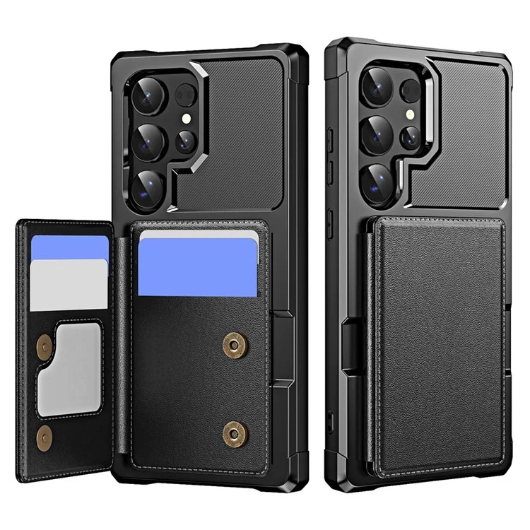 Funda para Samsung Galaxy S24 Ultra con ranura para tarjeta, soporte y cuero + TPU reforzado en las esquinas - Negro