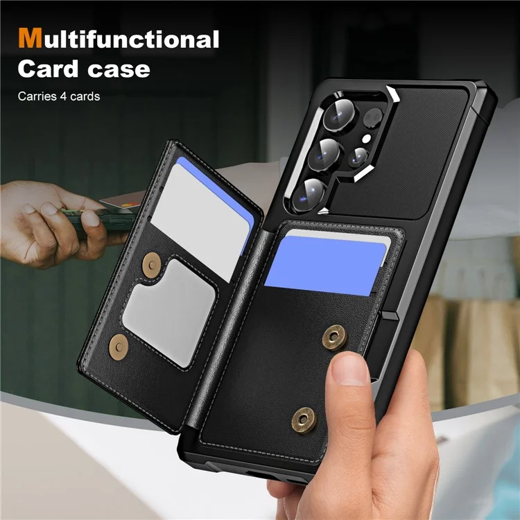 Funda para Samsung Galaxy S24 Ultra con ranura para tarjeta, soporte y cuero + TPU reforzado en las esquinas - Negro