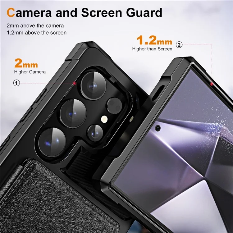 Funda para Samsung Galaxy S24 Ultra con ranura para tarjeta, soporte y cuero + TPU reforzado en las esquinas - Negro