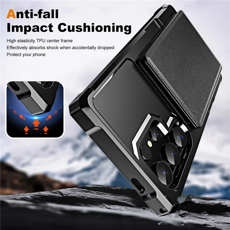 Funda para Samsung Galaxy S24 Ultra con ranura para tarjeta, soporte y cuero + TPU reforzado en las esquinas - Negro