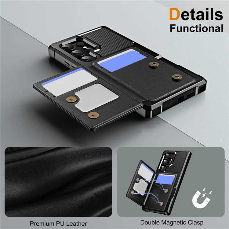 Funda para Samsung Galaxy S24 Ultra con ranura para tarjeta, soporte y cuero + TPU reforzado en las esquinas - Negro