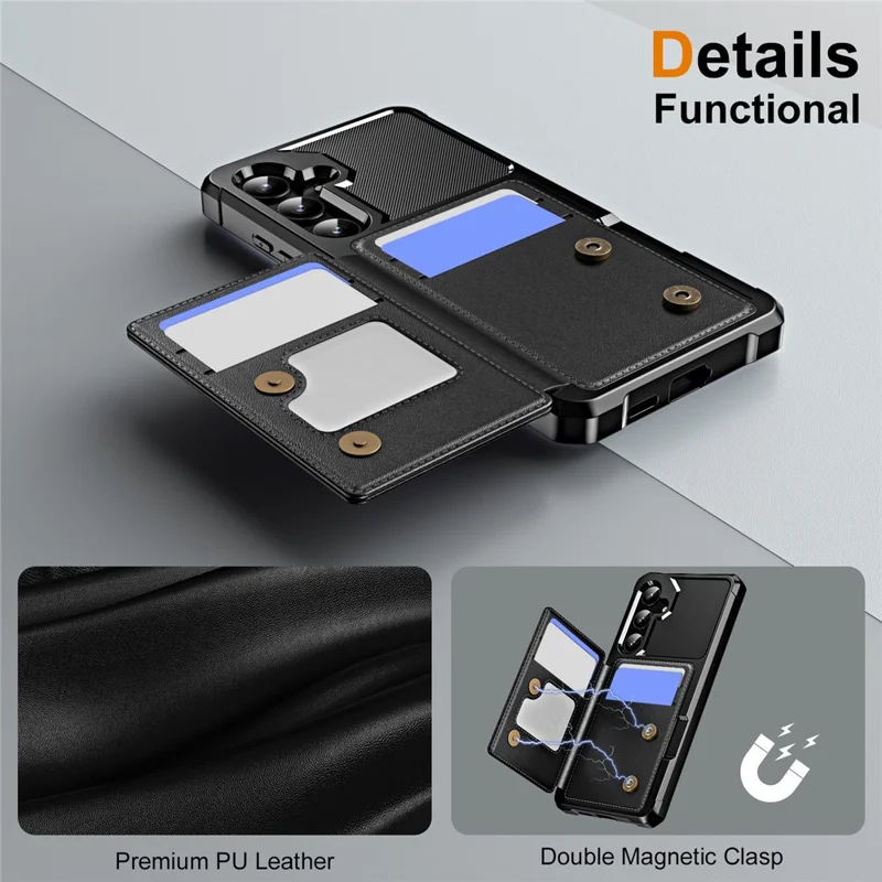For Samsung Galaxy S24+ Case Leather Kickstand Slot + TPU Corner Recessed Cover - Black