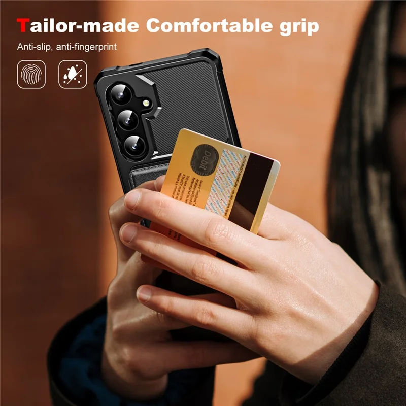 For Samsung Galaxy S24+ Case Leather Kickstand Slot + TPU Corner Recessed Cover - Black