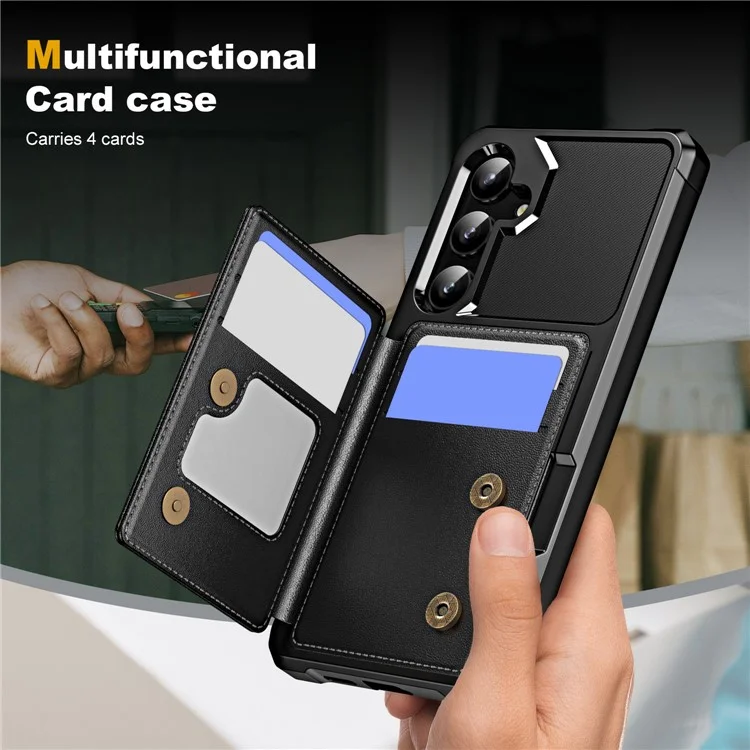 Para Samsung Galaxy S24 Funda Ranura para Tarjetas Soporte Cuero+TPU Protección de Esquina Cubierta del Teléfono - Negro