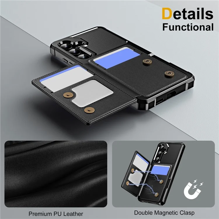 Para Samsung Galaxy S24 Funda Ranura para Tarjetas Soporte Cuero+TPU Protección de Esquina Cubierta del Teléfono - Negro