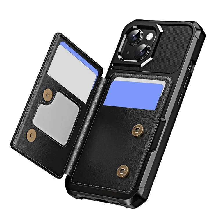 Per iPhone 14 custodia con slot per supporto in pelle + coperchio per telefono con angolo rinforzato in TPU - Nero