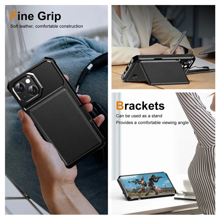 Per iPhone 14 custodia con slot per supporto in pelle + coperchio per telefono con angolo rinforzato in TPU - Nero