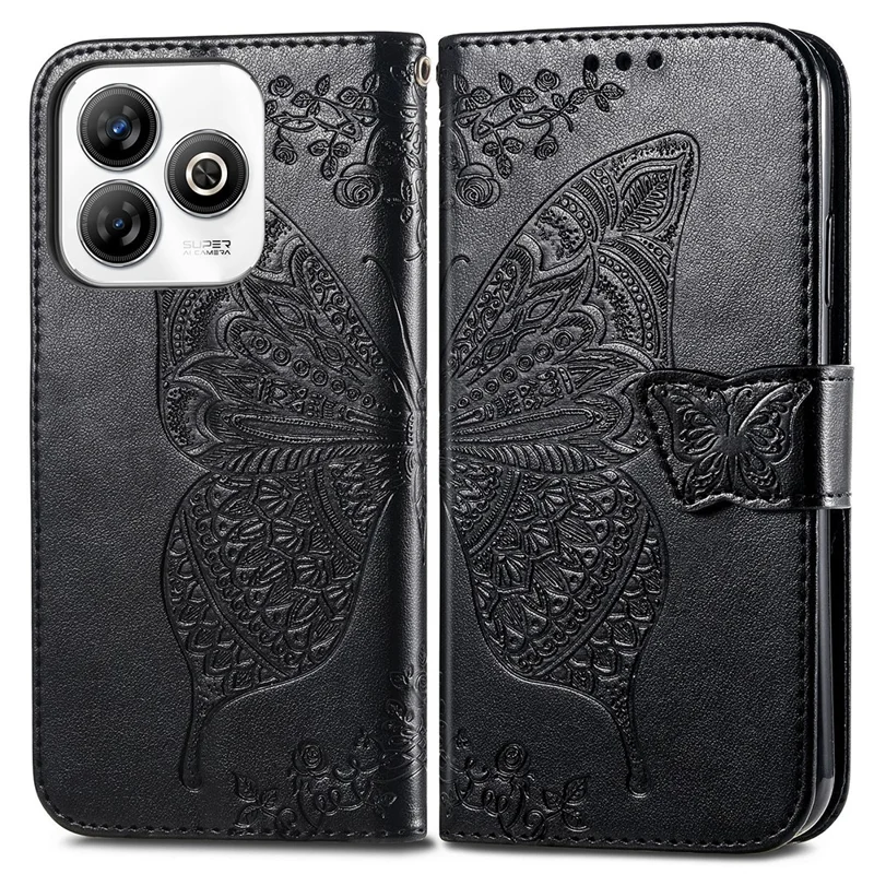 For ZTE Blade A75 4G Case PU Leather Wallet Phone Cover Butterfly Pattern - Black
