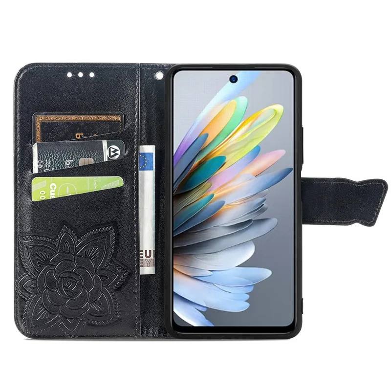 For ZTE Blade A75 4G Case PU Leather Wallet Phone Cover Butterfly Pattern - Black