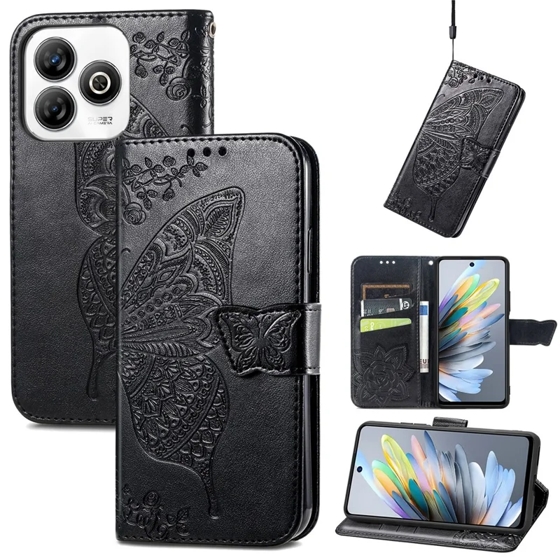 For ZTE Blade A75 4G Case PU Leather Wallet Phone Cover Butterfly Pattern - Black