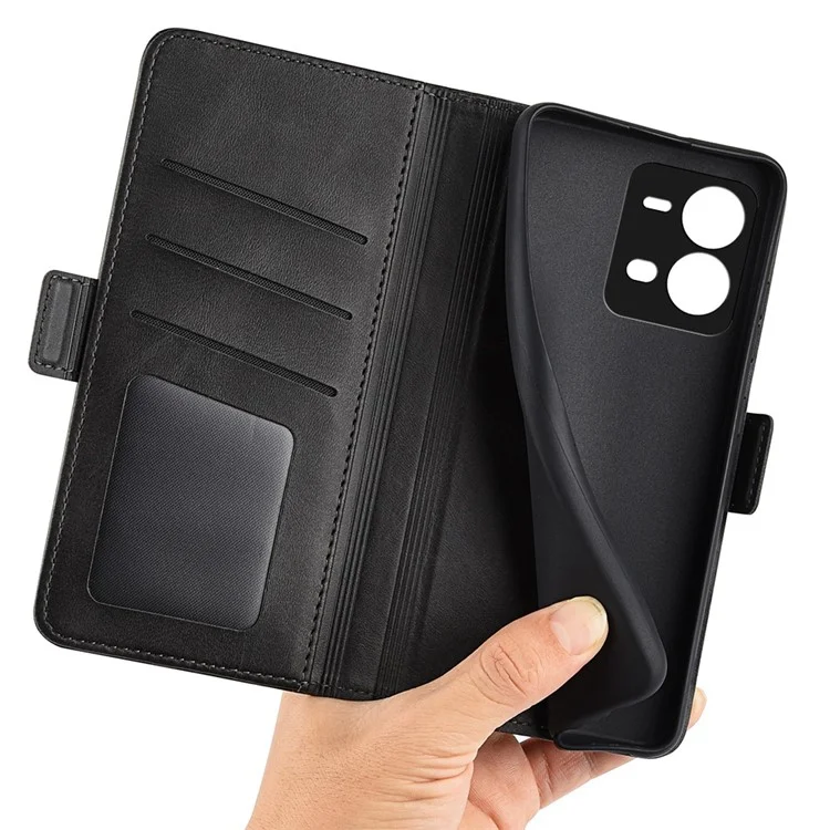 Capa de Suporte de Couro PU Texturizada Para Vivo V25 5G, Fecho Magnético Duplo Tampa de Carteira Telefônica de Proteção Completa - Preto