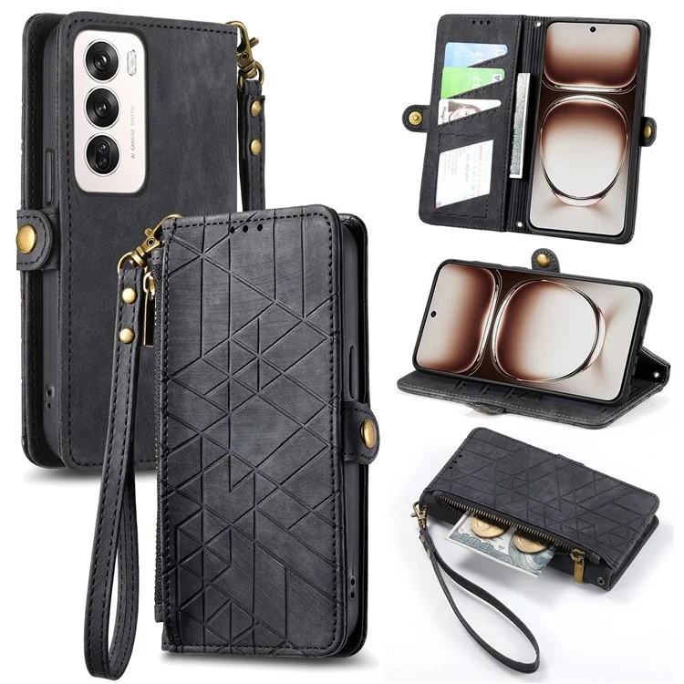 Pour Oppo Reno12 5G (global) Case de Porte-éclats de Zipper Lignes de Géométrie - Noir