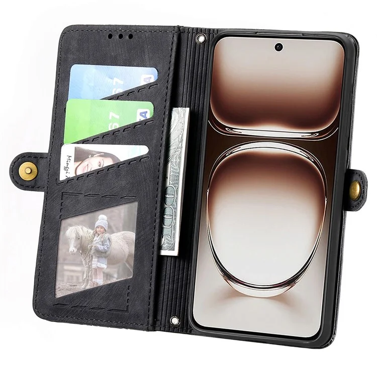 Pour Oppo Reno12 5G (global) Case de Porte-éclats de Zipper Lignes de Géométrie - Noir