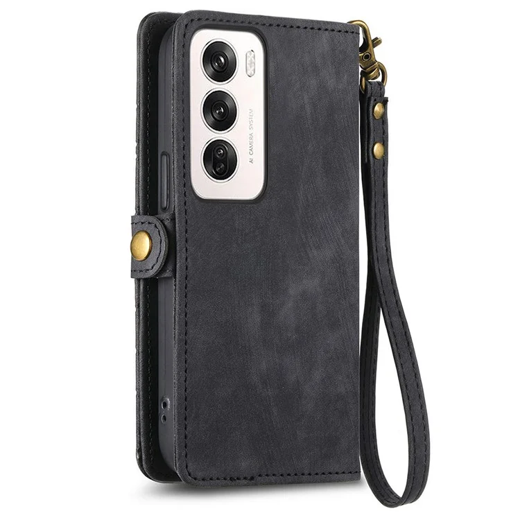 Pour Oppo Reno12 5G (global) Case de Porte-éclats de Zipper Lignes de Géométrie - Noir