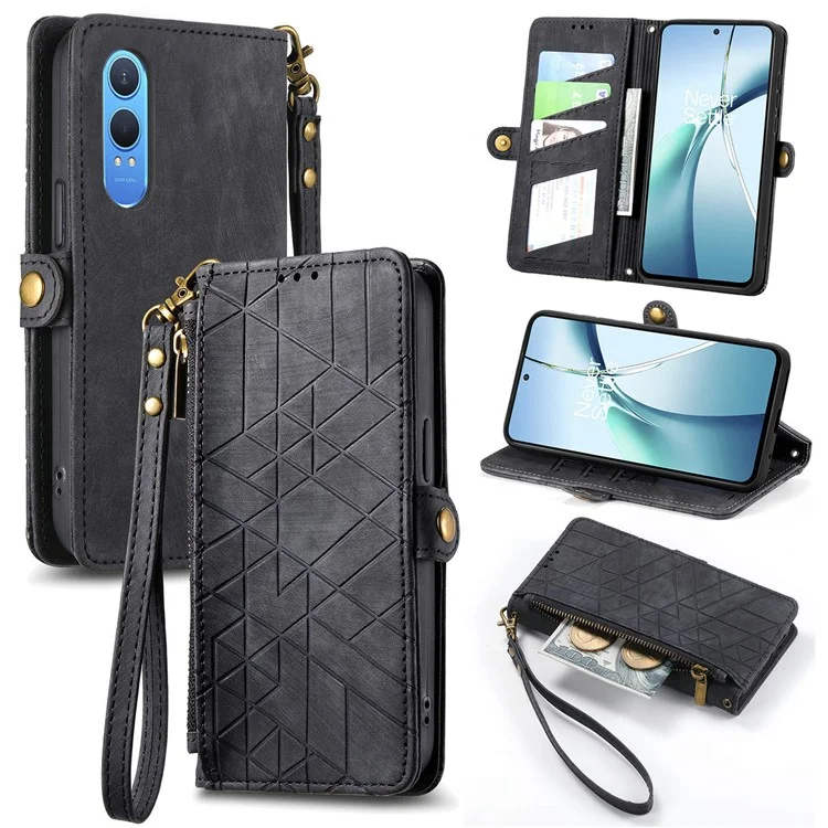 For OnePlus Nord CE4 Lite 5G / Oppo K12x 5G (China) Zipper Wallet Case Geometry Lines Leather Phone Cover with Strap - Black