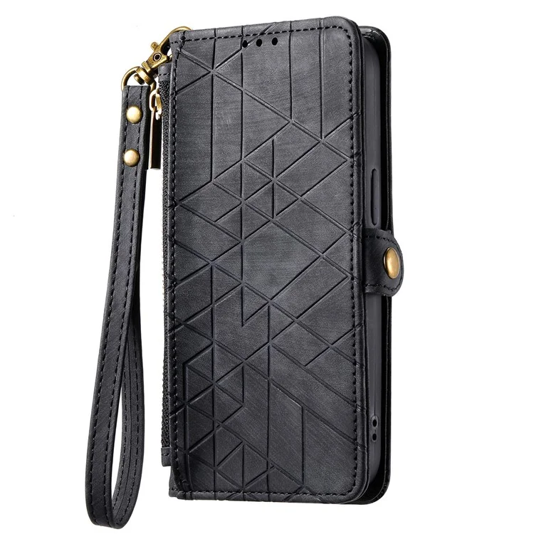 For OnePlus Nord CE4 Lite 5G / Oppo K12x 5G (China) Zipper Wallet Case Geometry Lines Leather Phone Cover with Strap - Black