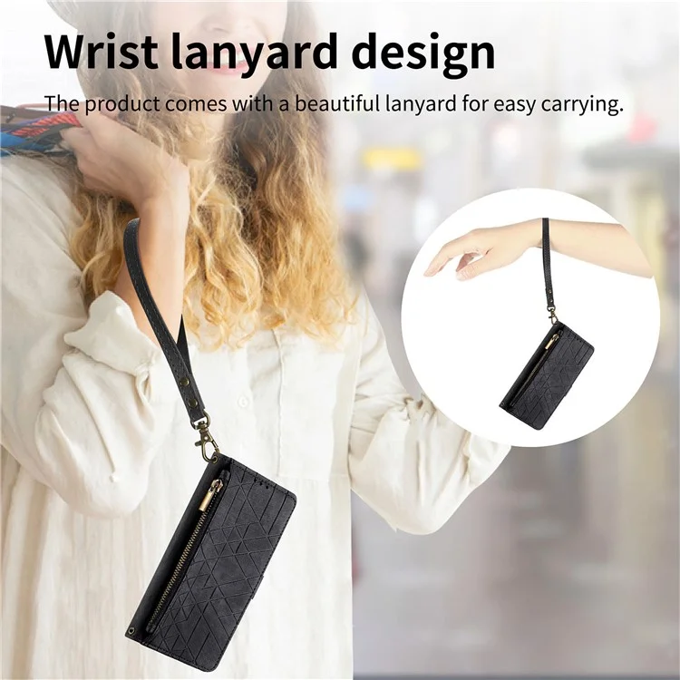 For OnePlus Nord CE4 Lite 5G / Oppo K12x 5G (China) Zipper Wallet Case Geometry Lines Leather Phone Cover with Strap - Black