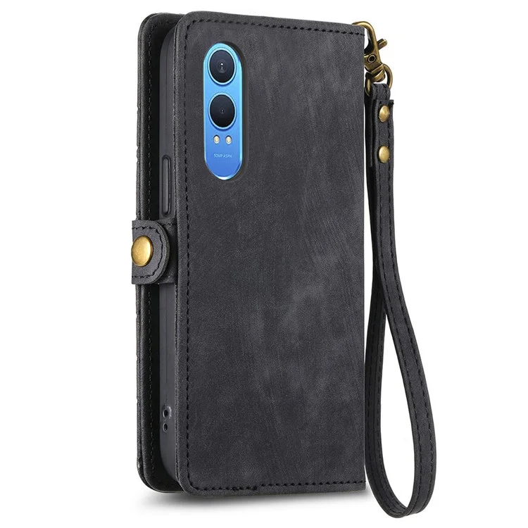 For OnePlus Nord CE4 Lite 5G / Oppo K12x 5G (China) Zipper Wallet Case Geometry Lines Leather Phone Cover with Strap - Black