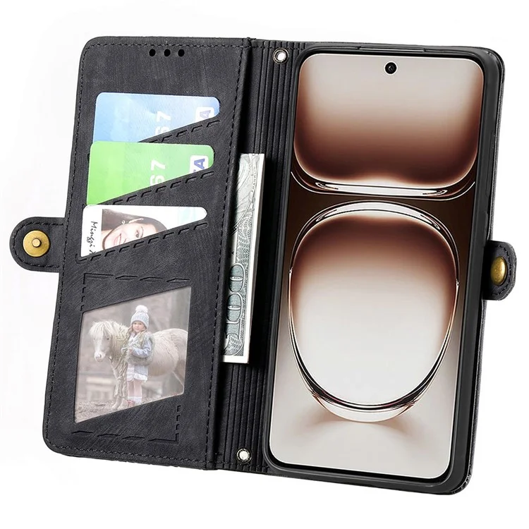 Pour Oppo Reno12 Pro 5G (global) Case de Zipper Portefeuille Géométrie Lignes de Téléphone en Cuir - Noir