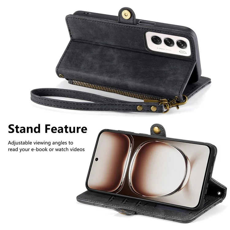 Pour Oppo Reno12 Pro 5G (global) Case de Zipper Portefeuille Géométrie Lignes de Téléphone en Cuir - Noir
