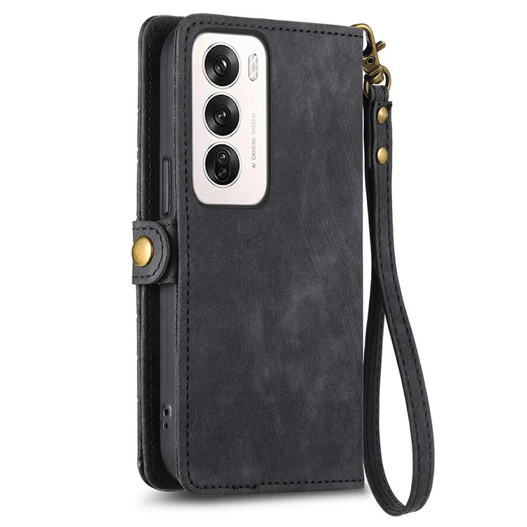 Pour Oppo Reno12 Pro 5G (global) Case de Zipper Portefeuille Géométrie Lignes de Téléphone en Cuir - Noir