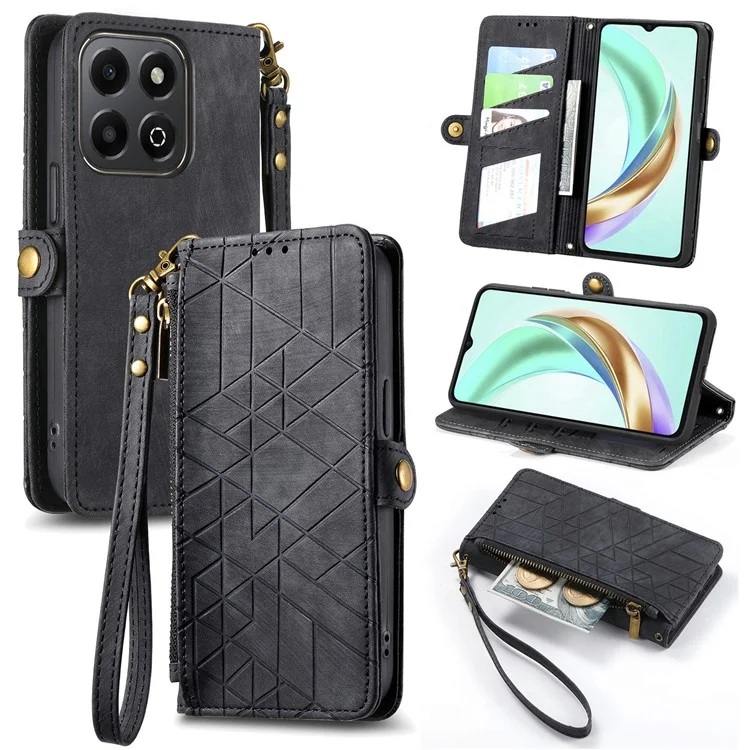 Für Ehren X6b 4G Hülle Reißverschluss Brieftasche Geometrie Linien Leder Telefonabdeckung - Schwarz
