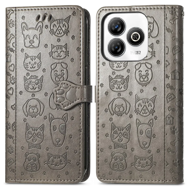 Para ZTE Blade A75 4G Case de Cuero Flip Phip Cover Patrón de Perro de Gato Lindo - Gris