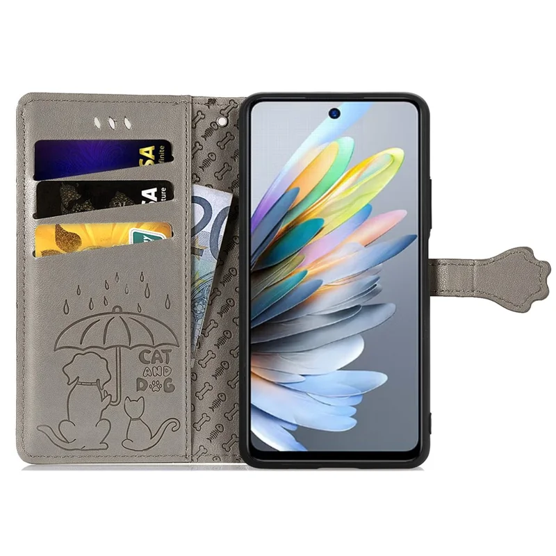 Para ZTE Blade A75 4G Case de Cuero Flip Phip Cover Patrón de Perro de Gato Lindo - Gris