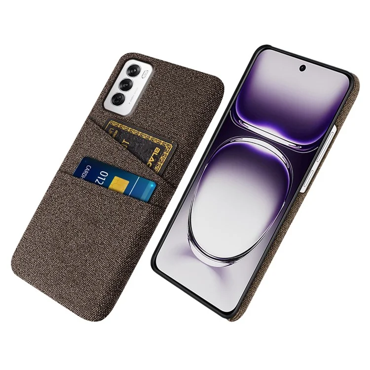 For Oppo Reno12 5G (Global) Case Cloth + Hard PC Phone Cover with Dual Card Slots - Brown