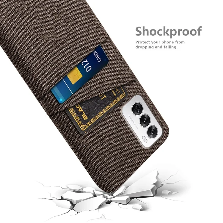 For Oppo Reno12 5G (Global) Case Cloth + Hard PC Phone Cover with Dual Card Slots - Brown