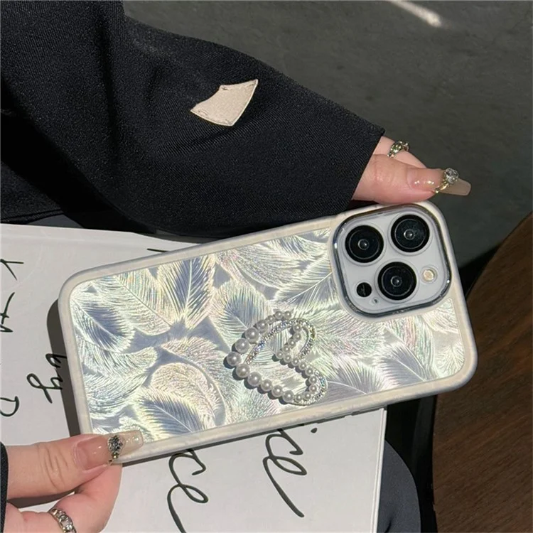 Per iPhone 16 Pro Max Custodia Elettroplaccatura Motivo Piuma TPU Custodia Telefonica con Cinturino a Perline - Double Love