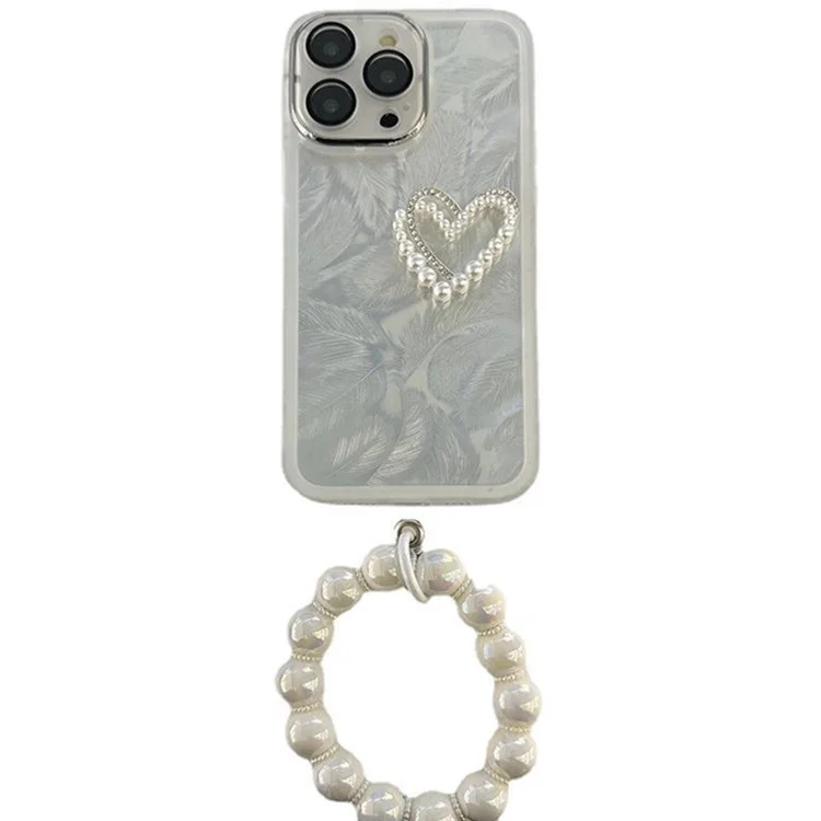 For iPhone 16 Pro Case Electroplating Feather Pattern TPU Phone Cover with Beaded Strap - Double Love