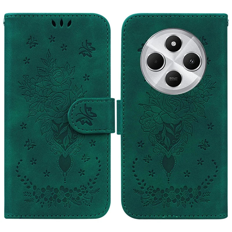 For Xiaomi Poco C75 4G / Redmi 14R 5G / 14C 4G Case PU Leather Wallet Phone Cover Butterfly Flower Imprint - Green