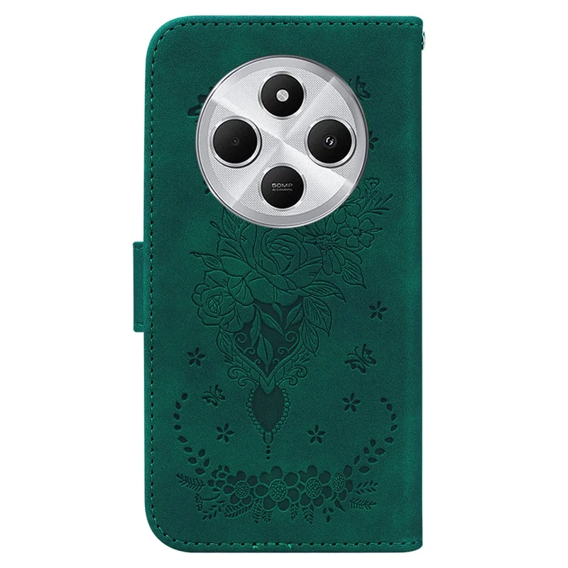 For Xiaomi Poco C75 4G / Redmi 14R 5G / 14C 4G Case PU Leather Wallet Phone Cover Butterfly Flower Imprint - Green