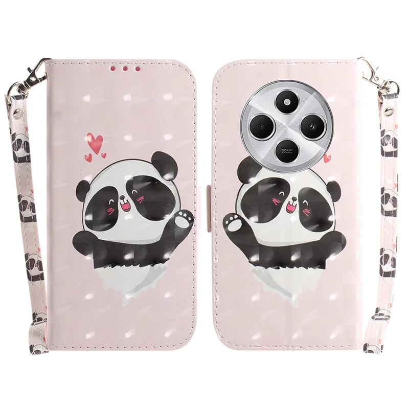 For Xiaomi Poco C75 4G / Redmi 14R 5G / 14C 4G Case Pattern Printing Leather Wallet Phone Cover with Wrist Strap - Love Heart Panda