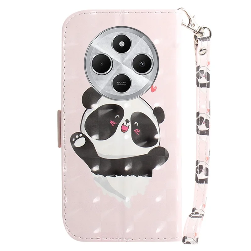 For Xiaomi Poco C75 4G / Redmi 14R 5G / 14C 4G Case Pattern Printing Leather Wallet Phone Cover with Wrist Strap - Love Heart Panda