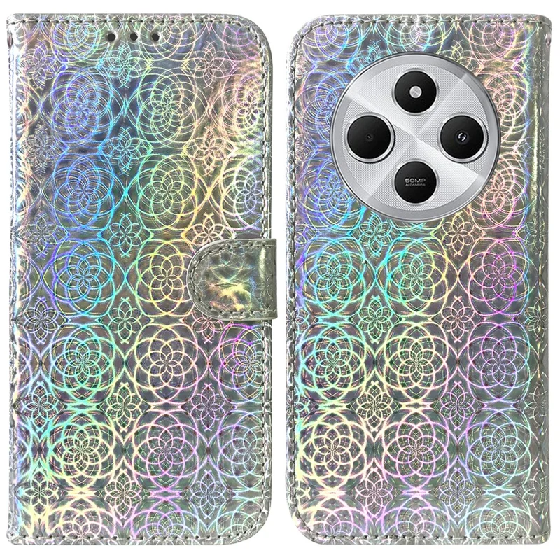 Per Xiaomi Poco C75 4G / Redmi 14R 5G / 14C 4G Stand Case Dazzling Flower Leather Phone Cover - Grey