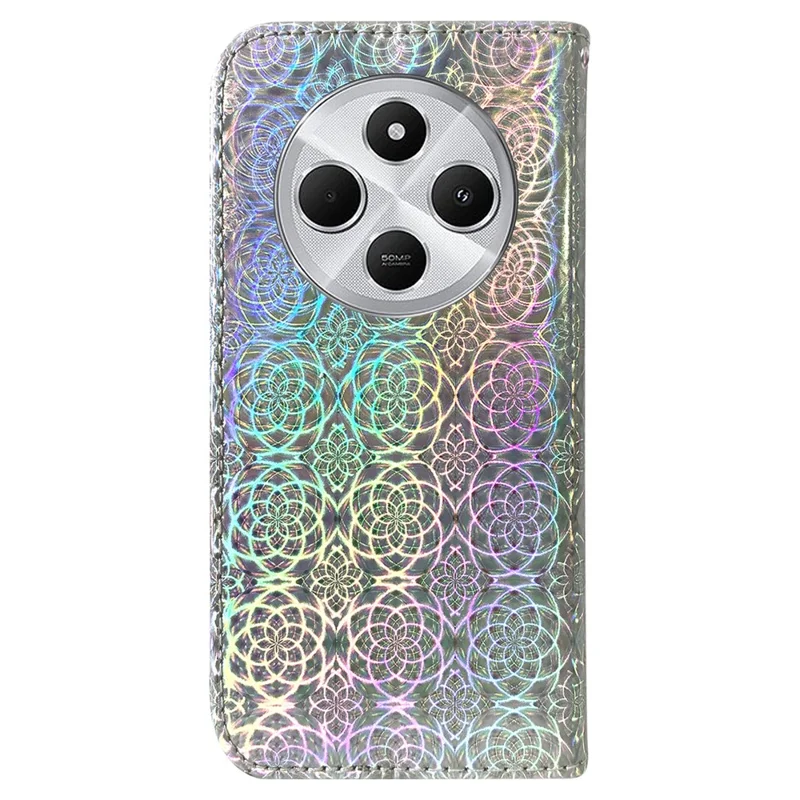 Per Xiaomi Poco C75 4G / Redmi 14R 5G / 14C 4G Stand Case Dazzling Flower Leather Phone Cover - Grey