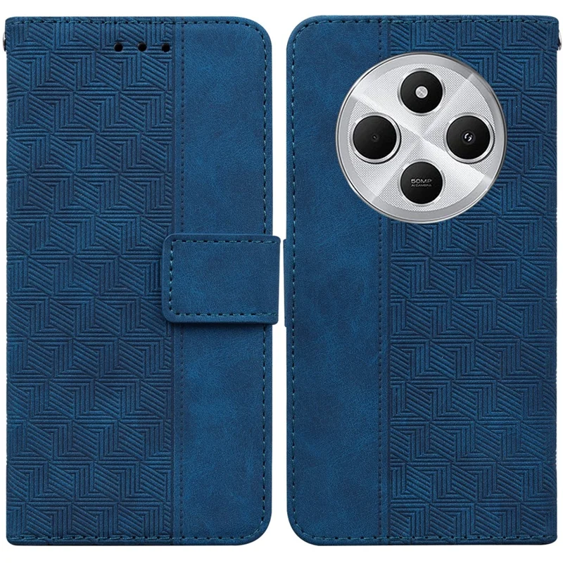 Til Xiaomi Poco C75 4G / Redmi 14R 5G / 14C 4G hylse med geometrisk mønster i læder med tegnebog og håndledsrem - Blå