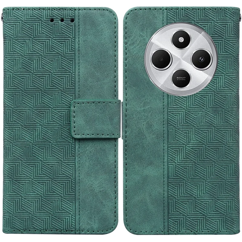Fodral för Xiaomi Poco C75 4G / Redmi 14R 5G / 14C 4G med geometriskt mönster Läderplånbok med handledsband - Grön