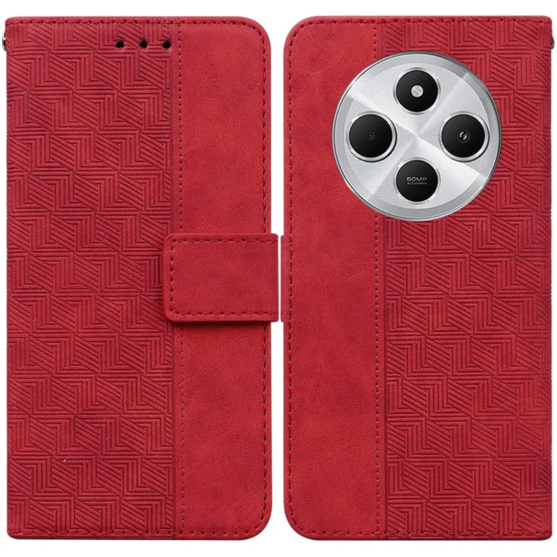 For Xiaomi Poco C75 4G / Redmi 14R 5G / 14C 4G Case Geometry Pattern Leather Wallet Phone Cover with Wrist Strap - Red