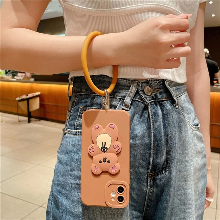 For iPhone 12 Case Cute 3D Bear TPU Phone Cover with Wrist Ring - Brown