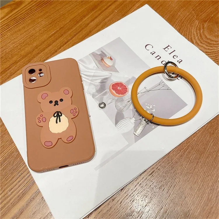 For iPhone 12 Case Cute 3D Bear TPU Phone Cover with Wrist Ring - Brown