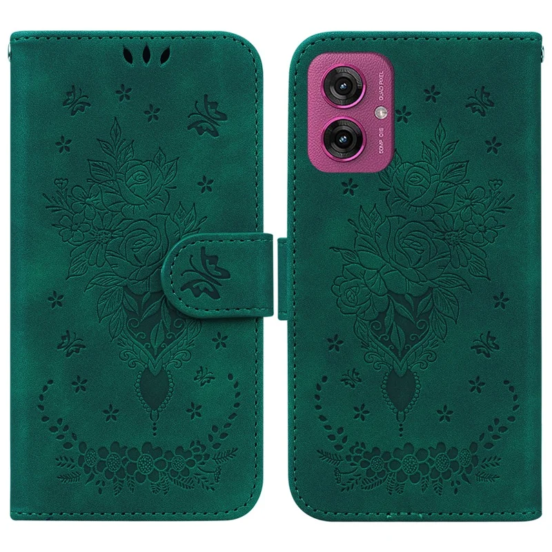 For Motorola Moto G55 5G Case PU Leather Wallet Phone Cover Butterfly Flower Imprint - Green