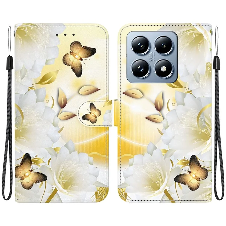 For Xiaomi 14T Pro Wallet Phone Case Anti-Drop Leather Flip Cover Pattern Printing - Gold Butterfly Flower