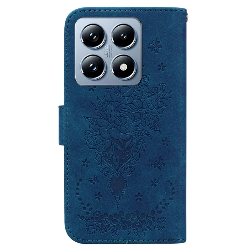 For Xiaomi 14T Pro Case PU Leather Wallet Phone Cover Butterfly Flower Imprint - Blue
