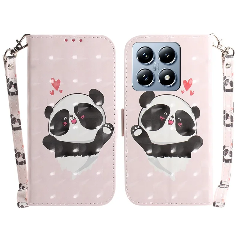 For Xiaomi 14T Pro Case Pattern Printing Leather Wallet Phone Cover with Wrist Strap - Love Heart Panda